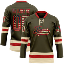 Загрузить изображение в средство просмотра галереи, Custom Olive Vintage USA Flag Red-Cream Salute To Service Hockey Lace Neck Jersey
