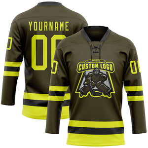 Custom Olive Neon Yellow-Black Salute To Service Hockey Lace Neck Jersey