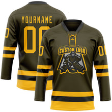 Загрузить изображение в средство просмотра галереи, Custom Olive Gold-Black Salute To Service Hockey Lace Neck Jersey
