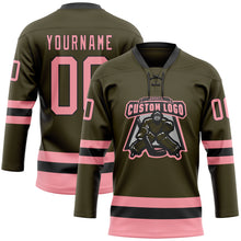 Загрузить изображение в средство просмотра галереи, Custom Olive Medium Pink-Black Salute To Service Hockey Lace Neck Jersey
