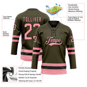 Custom Olive Medium Pink-Black Salute To Service Hockey Lace Neck Jersey