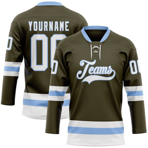 Custom Olive White-Light Blue Salute To Service Hockey Lace Neck Jersey