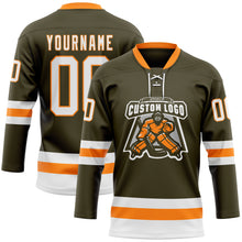 Загрузить изображение в средство просмотра галереи, Custom Olive White-Bay Orange Salute To Service Hockey Lace Neck Jersey
