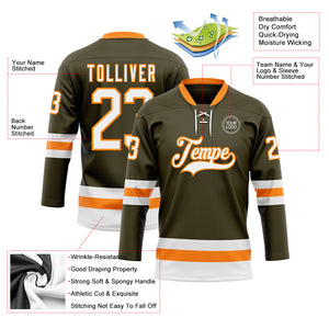 Custom Olive White-Bay Orange Salute To Service Hockey Lace Neck Jersey