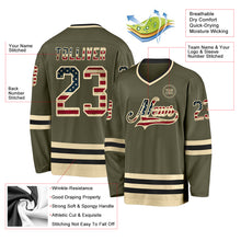 Laden Sie das Bild in den Galerie-Viewer, Custom Olive Vintage USA Flag Cream-Black Salute To Service Hockey Jersey
