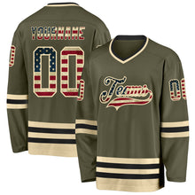 Laden Sie das Bild in den Galerie-Viewer, Custom Olive Vintage USA Flag Cream-Black Salute To Service Hockey Jersey
