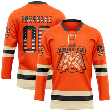 Custom Orange Vintage USA Flag Black-Cream Hockey Lace Neck Jersey