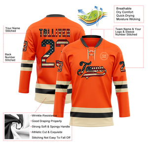 Custom Orange Vintage USA Flag Black-Cream Hockey Lace Neck Jersey