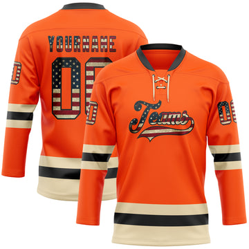 Custom Orange Vintage USA Flag Black-Cream Hockey Lace Neck Jersey