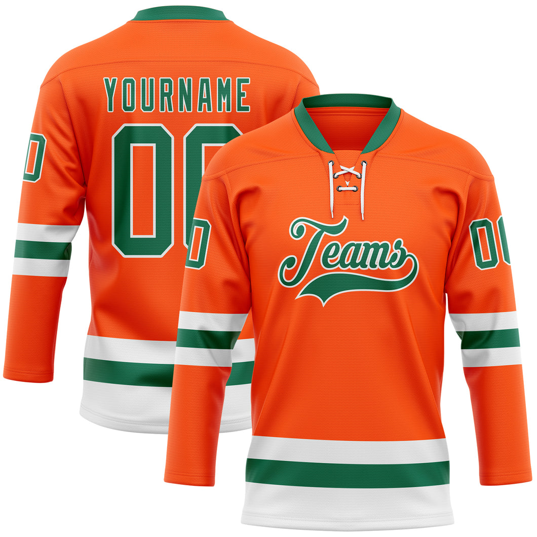 Custom Orange Kelly Green-White Hockey Lace Neck Jersey