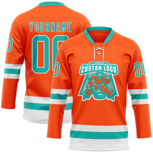 Custom Orange Aqua-White Hockey Lace Neck Jersey