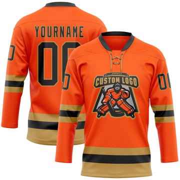 Custom Orange Black-Old Gold Hockey Lace Neck Jersey