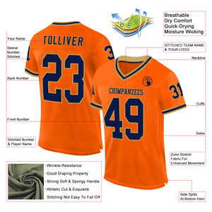 Custom Orange Navy-Old Gold Mesh Authentic Throwback Football Jersey