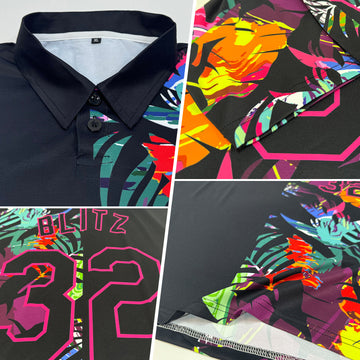 Custom Black Pink 3D Pattern Design Tropical Hawaii Palm Leaves Performance Golf Polo Shirt