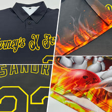 Load image into Gallery viewer, Custom Black Gold 3D Pattern Design Flame Bowling Performance Polo Shirt
