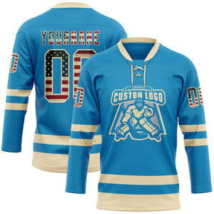 Custom Panther Blue Vintage USA Flag-Cream Hockey Lace Neck Jersey