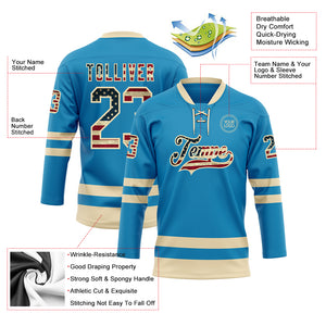 Custom Panther Blue Vintage USA Flag-Cream Hockey Lace Neck Jersey