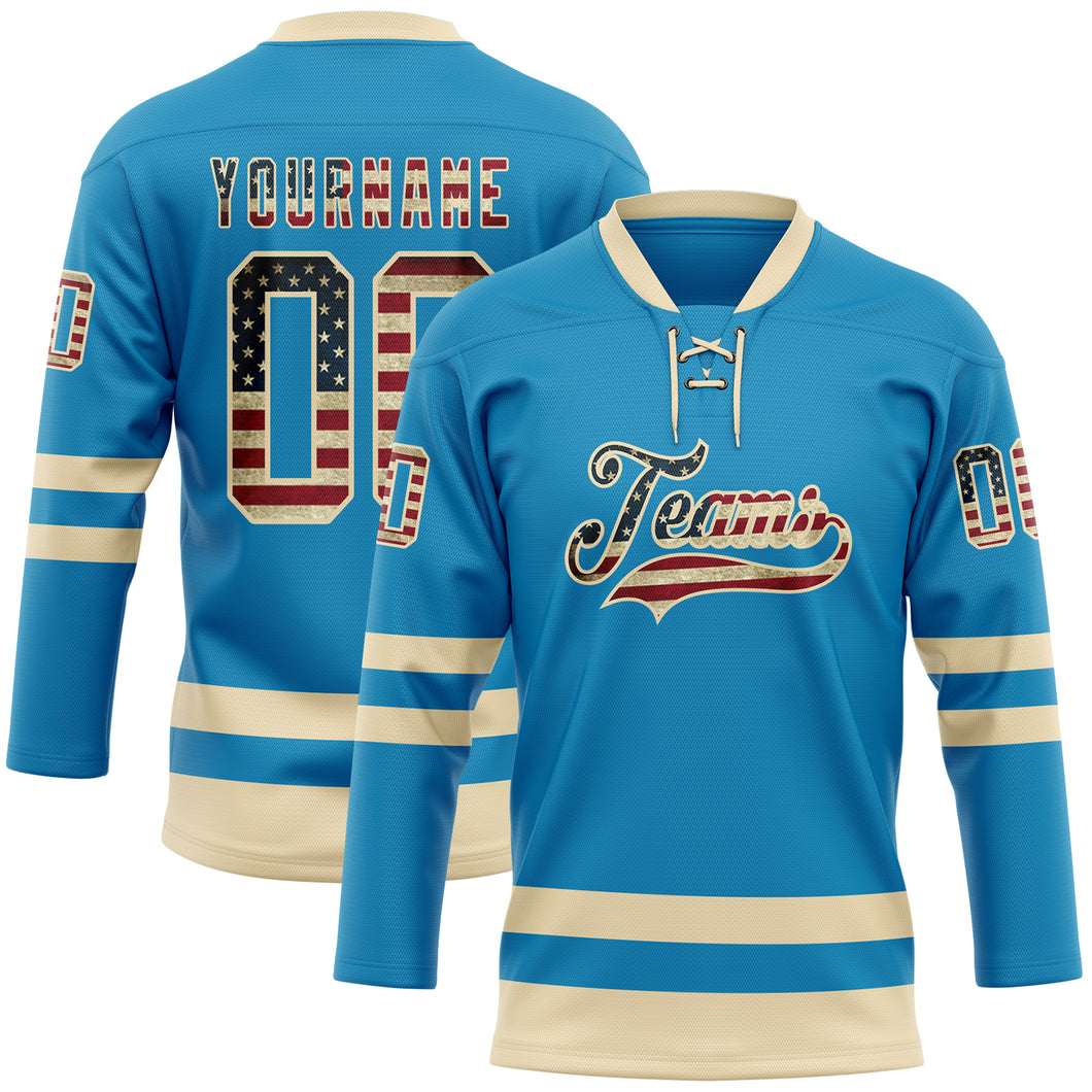 Custom Panther Blue Vintage USA Flag-Cream Hockey Lace Neck Jersey