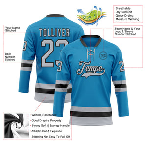 Custom Panther Blue Gray-Black Hockey Lace Neck Jersey