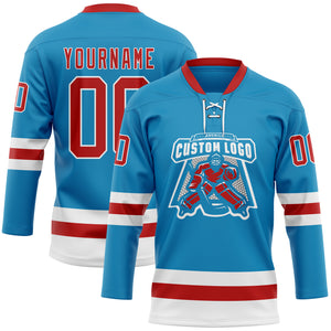 Custom Panther Blue Red-White Hockey Lace Neck Jersey