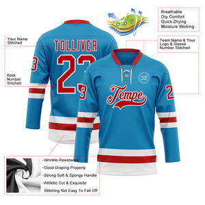 Custom Panther Blue Red-White Hockey Lace Neck Jersey