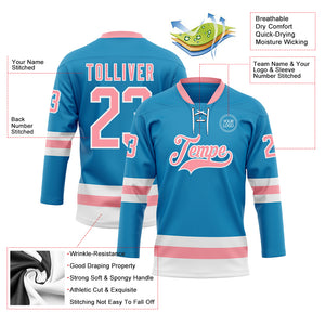 Custom Panther Blue Medium Pink-White Hockey Lace Neck Jersey