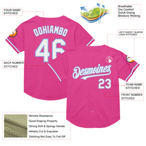 Custom Pink White-Light Blue Mesh Authentic Throwback Baseball Jersey