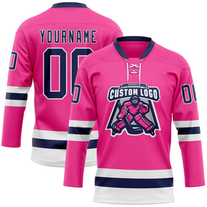 Custom Pink Navy-White Hockey Lace Neck Jersey