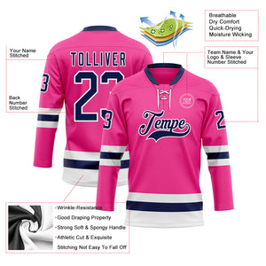 Custom Pink Navy-White Hockey Lace Neck Jersey