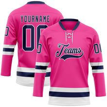 Загрузить изображение в средство просмотра галереи, Custom Pink Navy-White Hockey Lace Neck Jersey
