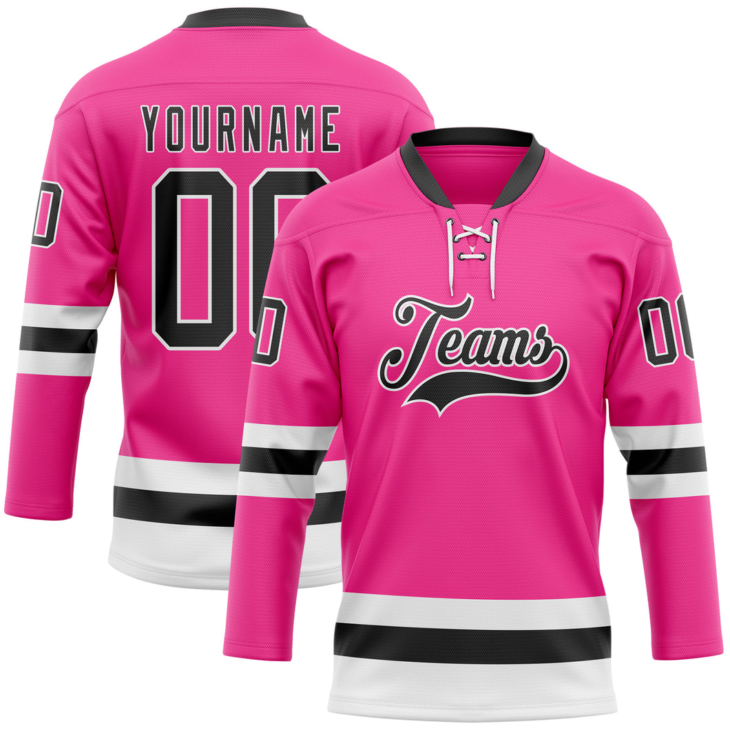 Custom Pink Black-White Hockey Lace Neck Jersey