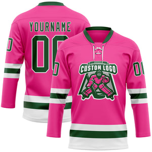 Custom Pink Green-White Hockey Lace Neck Jersey