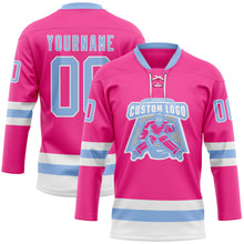 Загрузить изображение в средство просмотра галереи, Custom Pink Light Blue-White Hockey Lace Neck Jersey
