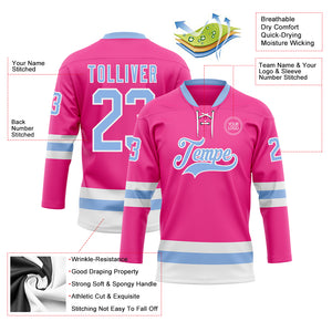 Custom Pink Light Blue-White Hockey Lace Neck Jersey