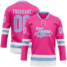 Загрузить изображение в средство просмотра галереи, Custom Pink Light Blue-White Hockey Lace Neck Jersey
