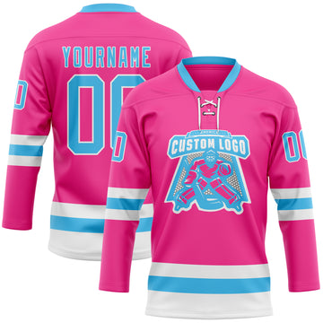 Custom Pink Sky Blue-White Hockey Lace Neck Jersey