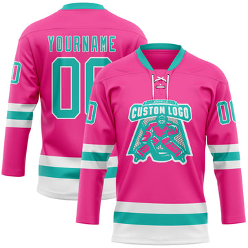 Custom Pink Aqua-White Hockey Lace Neck Jersey