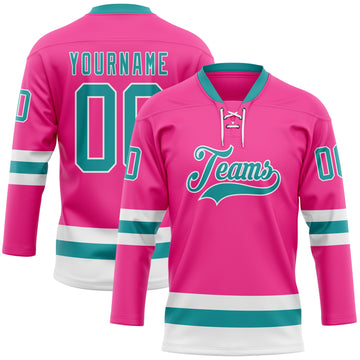 Custom Pink Teal-White Hockey Lace Neck Jersey