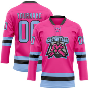 Custom Pink Light Blue-Black Hockey Lace Neck Jersey