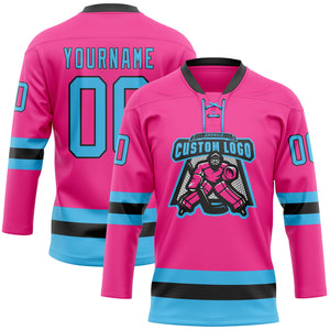 Custom Pink Sky Blue-Black Hockey Lace Neck Jersey