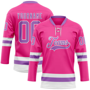 Custom Pink Medium Purple-White Hockey Lace Neck Jersey