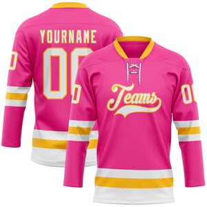 Custom Pink White-Gold Hockey Lace Neck Jersey