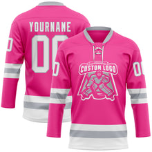 Загрузить изображение в средство просмотра галереи, Custom Pink White-Gray Hockey Lace Neck Jersey
