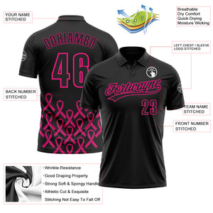 Custom Black Hot Pink 3D Pink Ribbon Breast Cancer Awareness Month Women Health Care Support Performance Polo Shirt