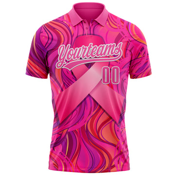 Custom Pink White 3D Pink Ribbon Breast Cancer Awareness Month Women Health Care Support Performance Polo Shirt