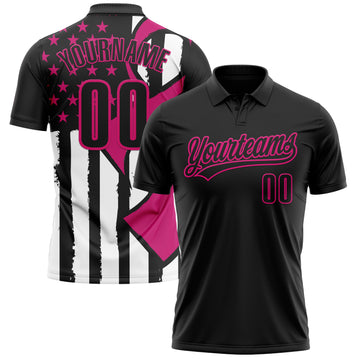 Custom Black Hot Pink-White 3D Pink Ribbon Breast Cancer Awareness Month Women Health Care Support Performance Polo Shirt