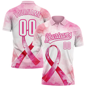 Custom Pink White-Hot Pink 3D Pink Ribbon Breast Cancer Awareness Month Women Health Care Support Performance Polo Shirt