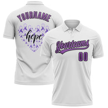 Charger l&#39;image dans la galerie, Custom White Medium Purple-Black 3D World Cancer Day Heart Ribbon Hope Performance Polo Shirt
