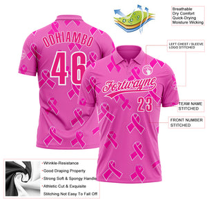 Custom Pink Hot Pink-White 3D Pink Ribbon Breast Cancer Awareness Month Women Health Care Support Performance Polo Shirt