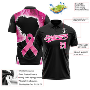 Custom Black Pink-White 3D Pink Ribbon Breast Cancer Awareness Month Women Health Care Support Performance Polo Shirt